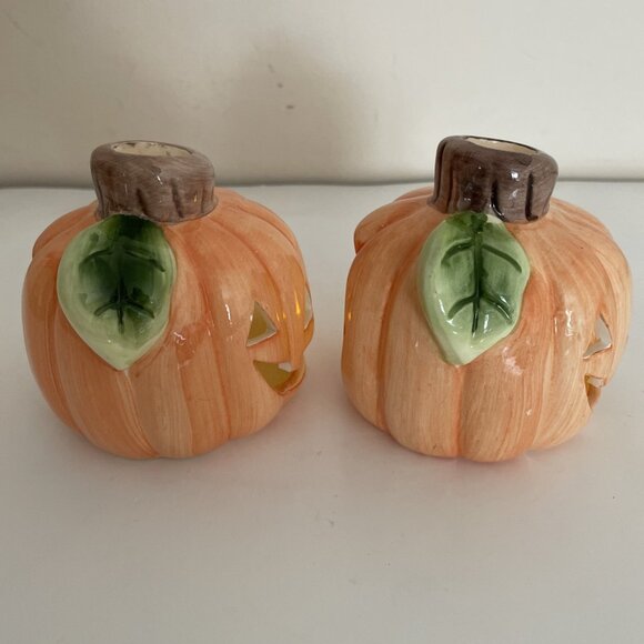 VTG Fortunoff Halloween Pumpkin Votive Candle Holders Jack O Lantern Set Of 2 - Picture 2 of 9